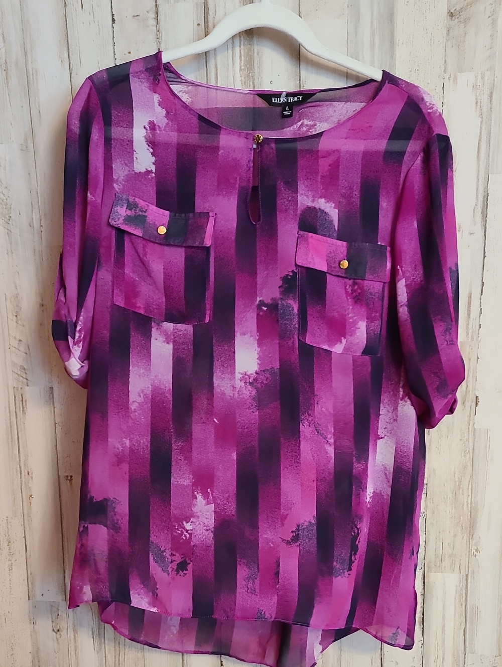 Ellen Tracy Magenta & Plum Striped Keyhole Blouse